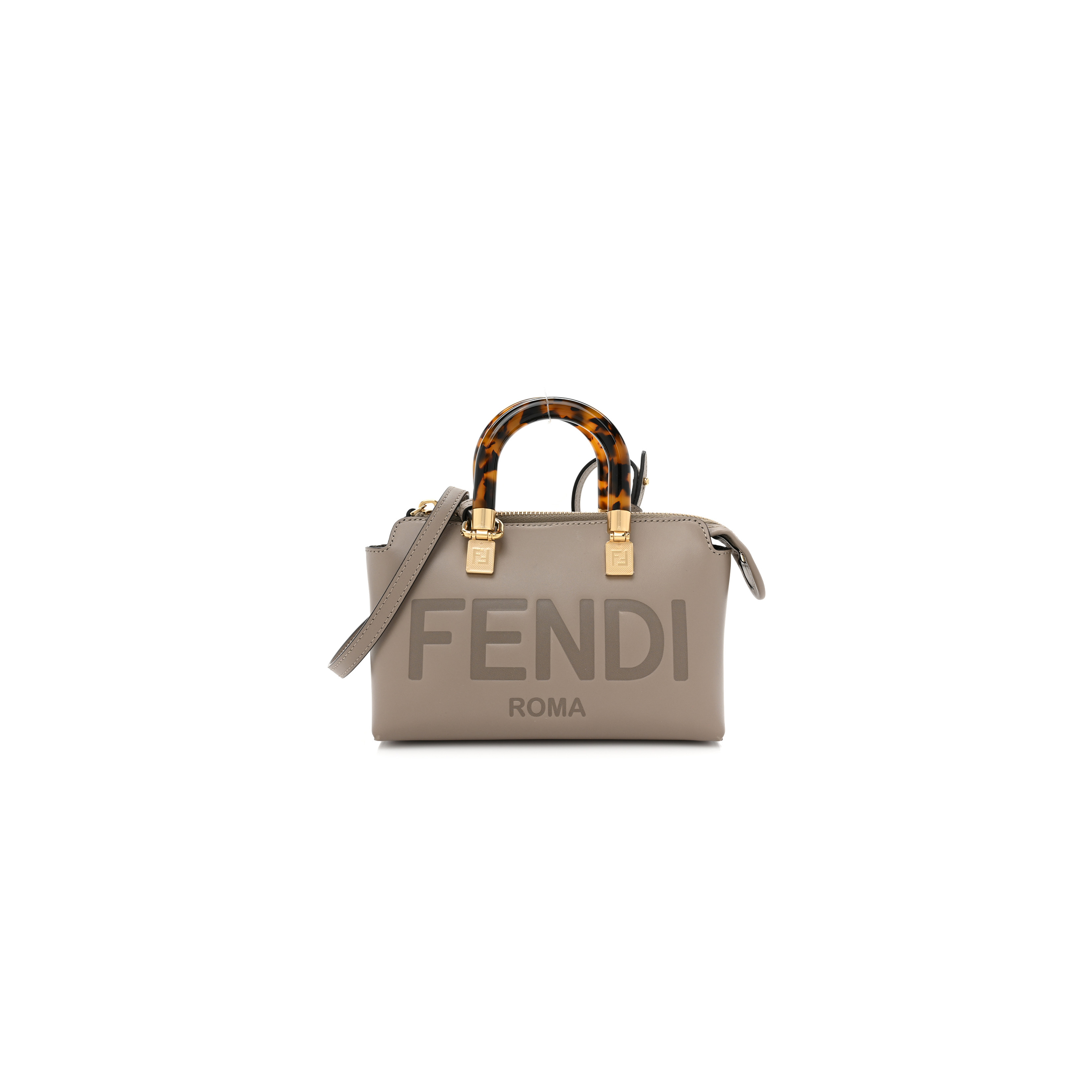 FENDI VITELLO KING PLEXIGLASS LOGO EMBOSSED MINI BY THE WAY TOP HANDLE BOSTON BAG TORTORA (17*11*8cm)