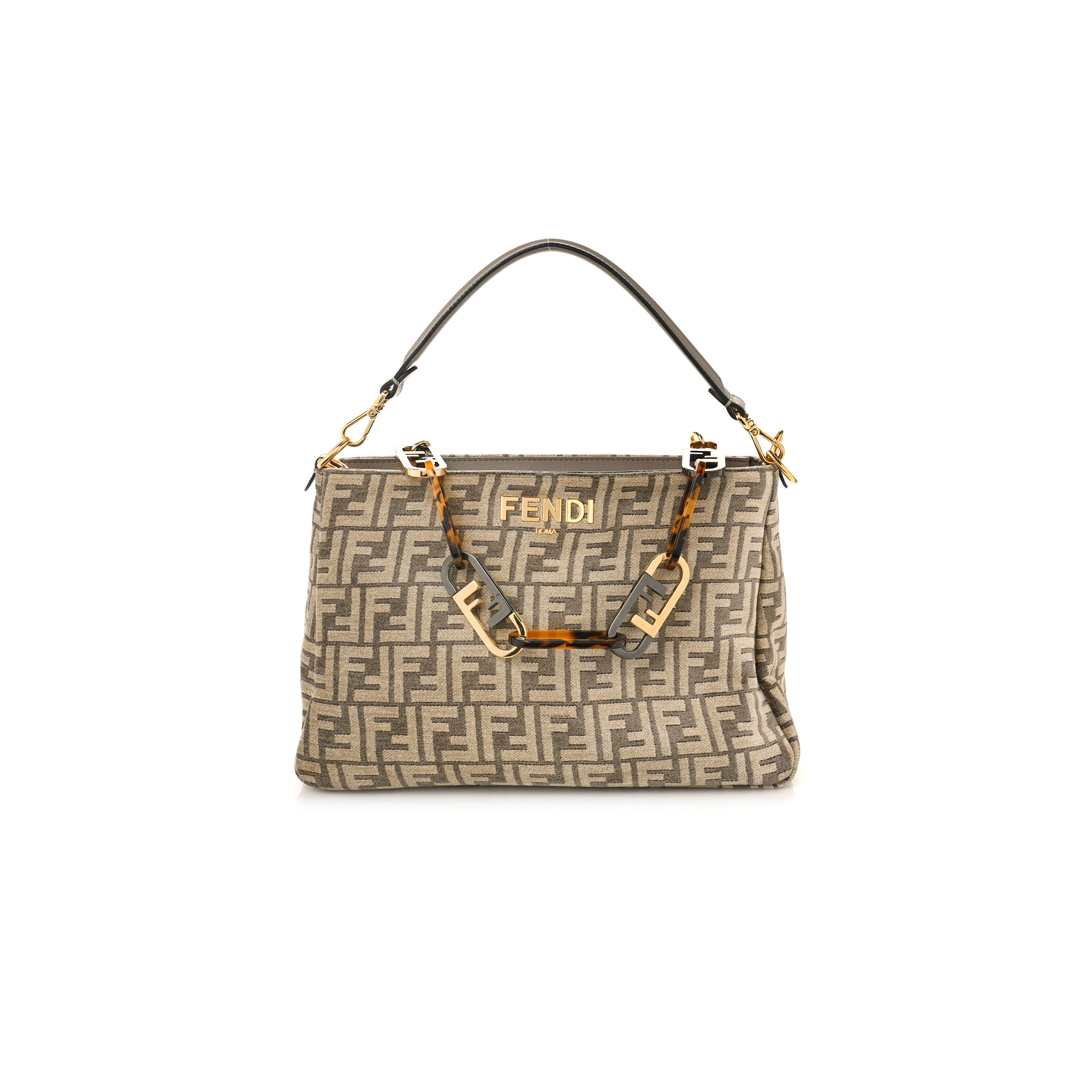 FENDI CHENILLE VITELLO SETA PLEXIGLASS FF FENDI O&#X27;LOCK ZIPPER TORTORA NUVOLA (34*23*13cm)