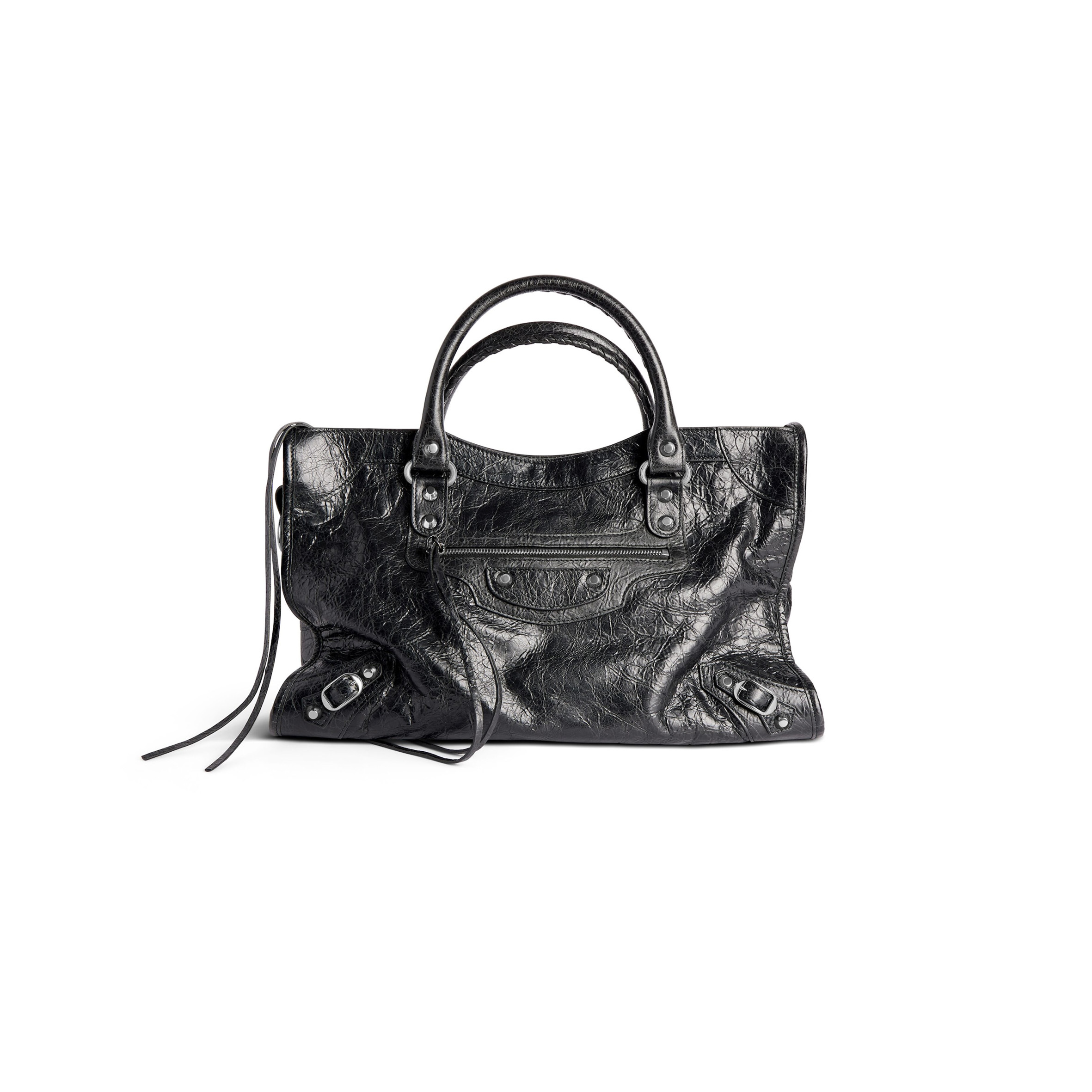 BALENCIAGA LE CITY MEDIUM BAG IN BLACK ARENA LAMBSKIN, SHINY SILVER HARDWARE 7977862AA9S1000 (29.9*19.1*9.9cm)