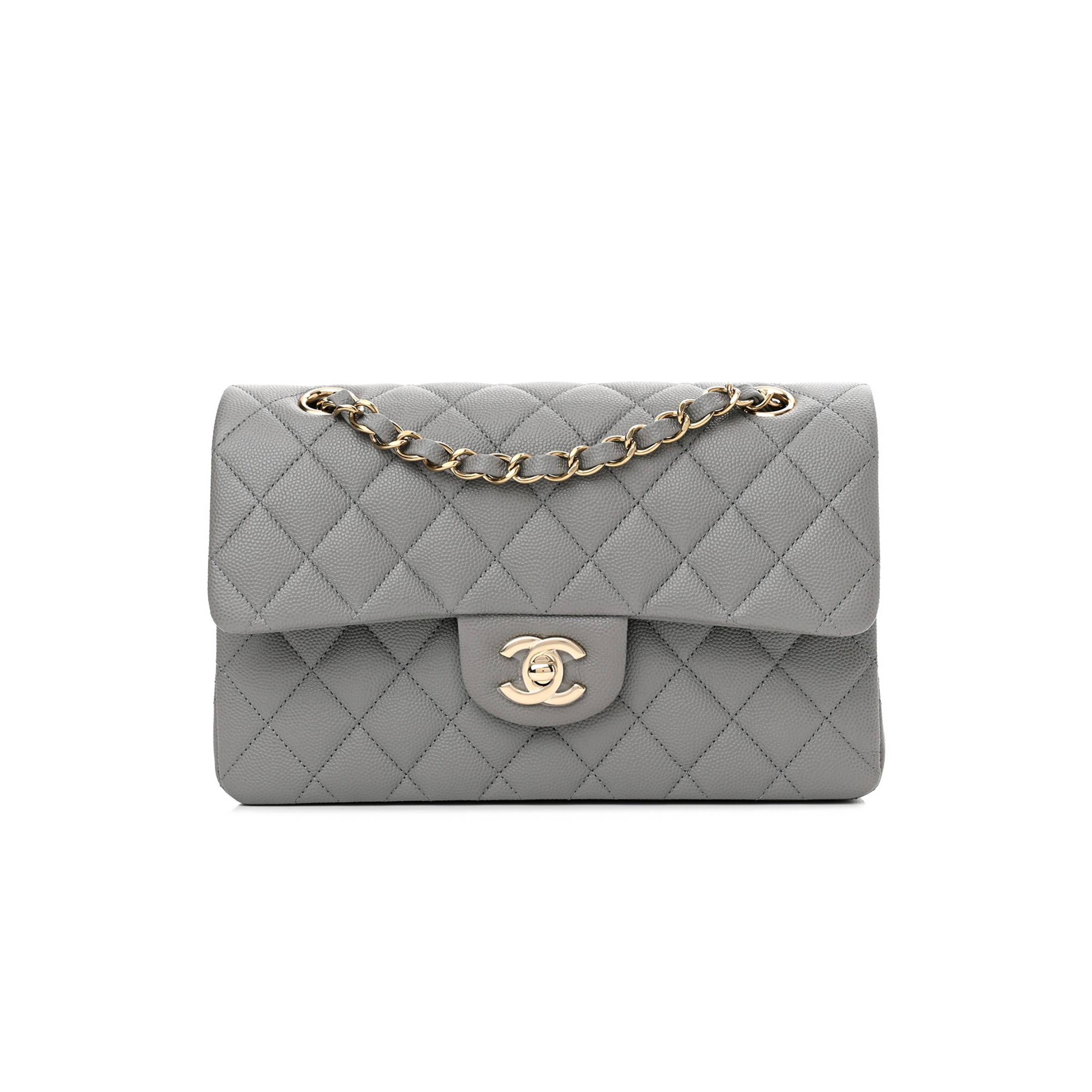 CHANEL CAVIAR QUILTED SMALL DOUBLE FLAP GREY ROSE GOLD HARDWARE (22*14*7cm)