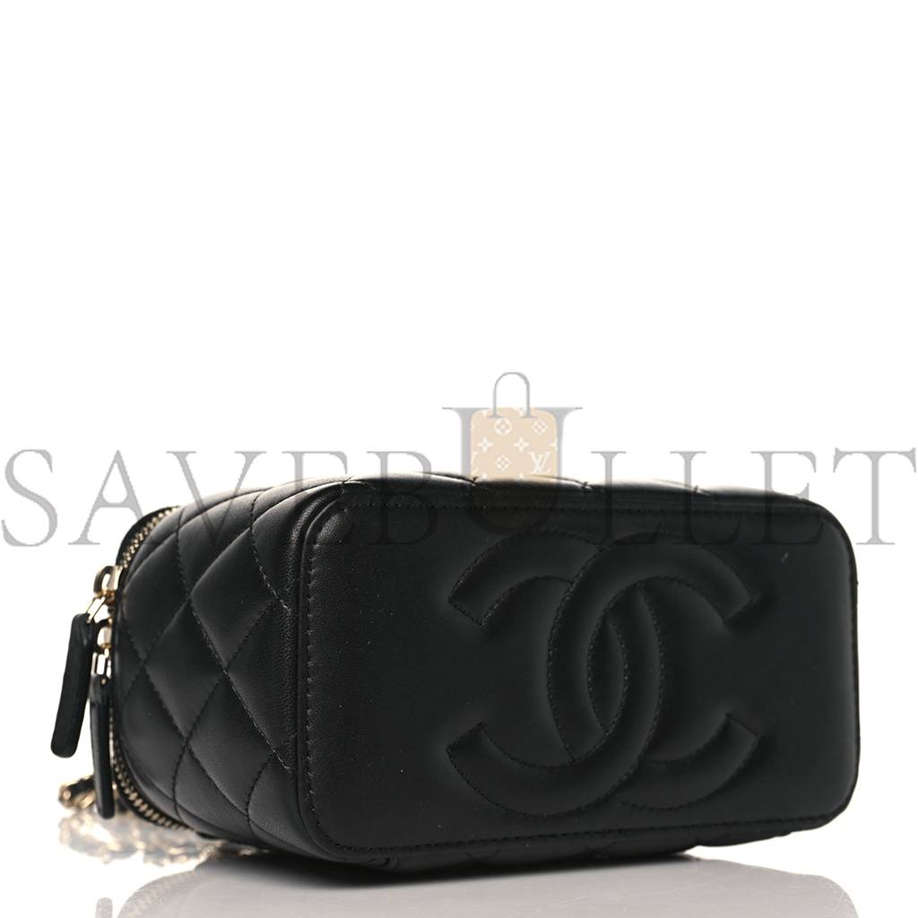 CHANEL LAMBSKIN QUILTED PEARL CRUSH SMALL VANITY CASE WITH CHAIN BLACK ROSE GOLD HARDWARE (17*10*8cm)