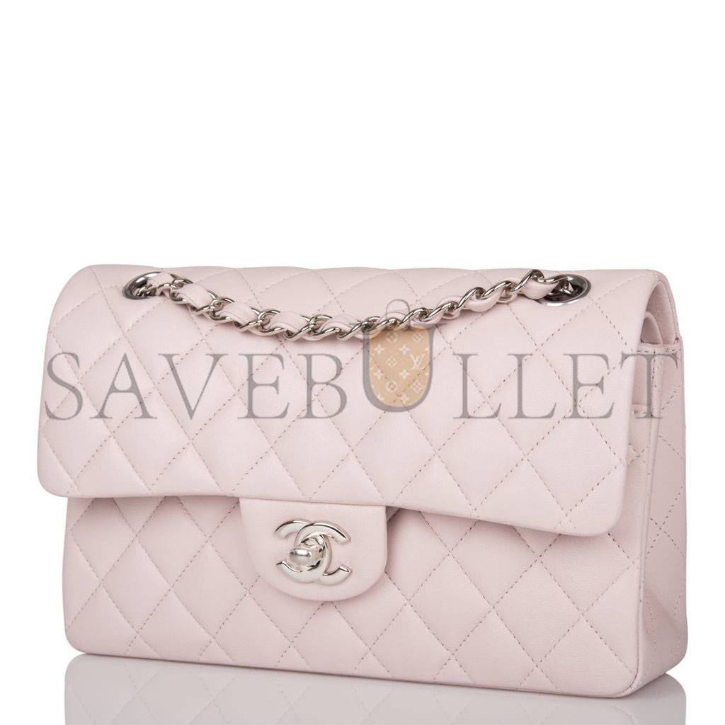 CHANEL SMALL CLASSIC DOUBLE FLAP BAG LIGHT PINK LAMBSKIN SILVER HARDWARE (23*13*6cm)