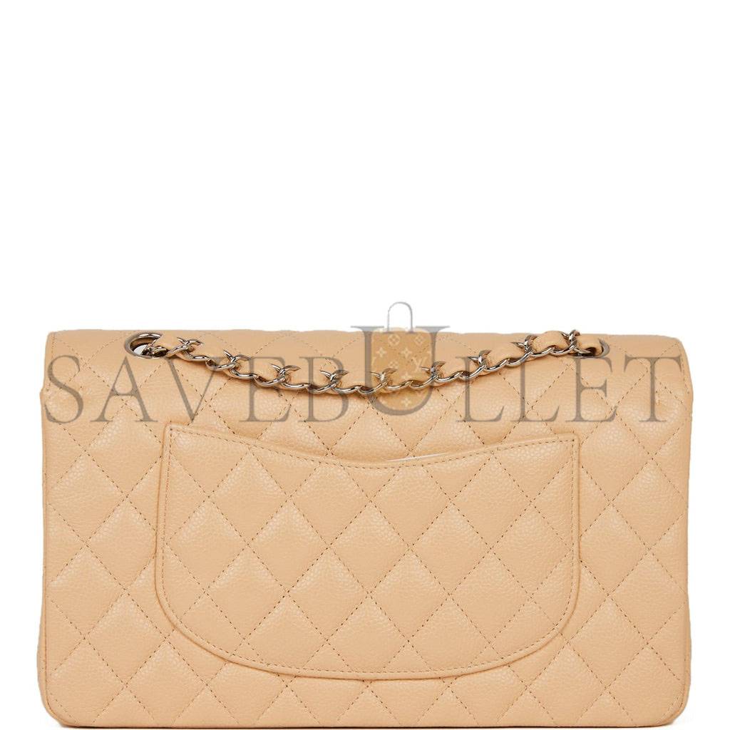 CHANEL MEDIUM CLASSIC DOUBLE FLAP BAG BEIGE CAVIAR SILVER HARDWARE (25*15*7cm)