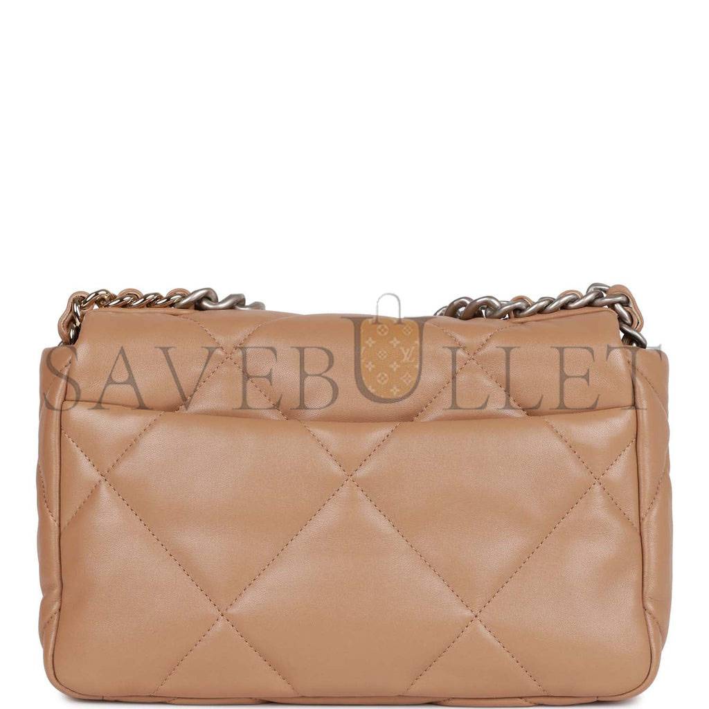 CHANEL MEDIUM 19 FLAP BAG BEIGE CALFSKIN MIXED HARDWARE (25*16*9cm)