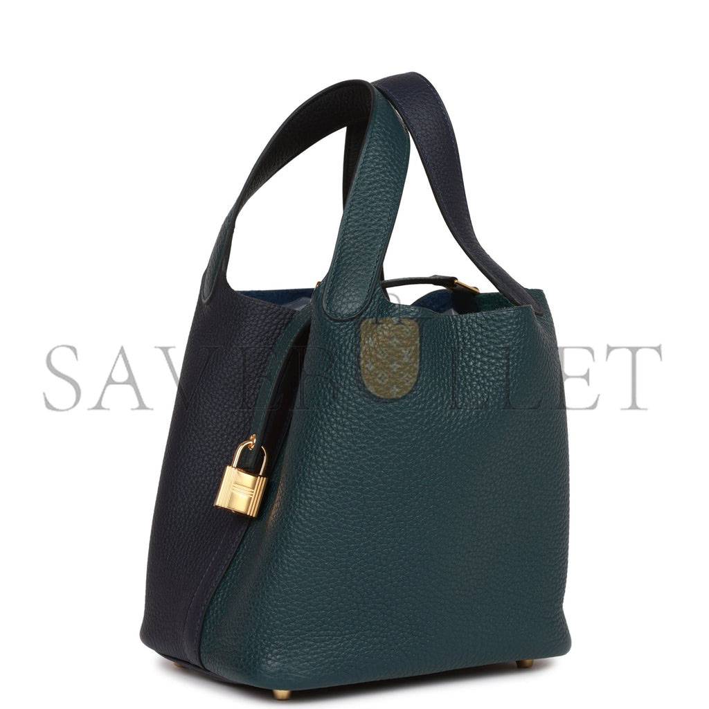 HERMES PICOTIN LOCK 18 CASAQUE VERT CYPRESS, BLEU NUIT AND BLACK CLEMENCE GOLD HARDWARE(18*13*18cm)