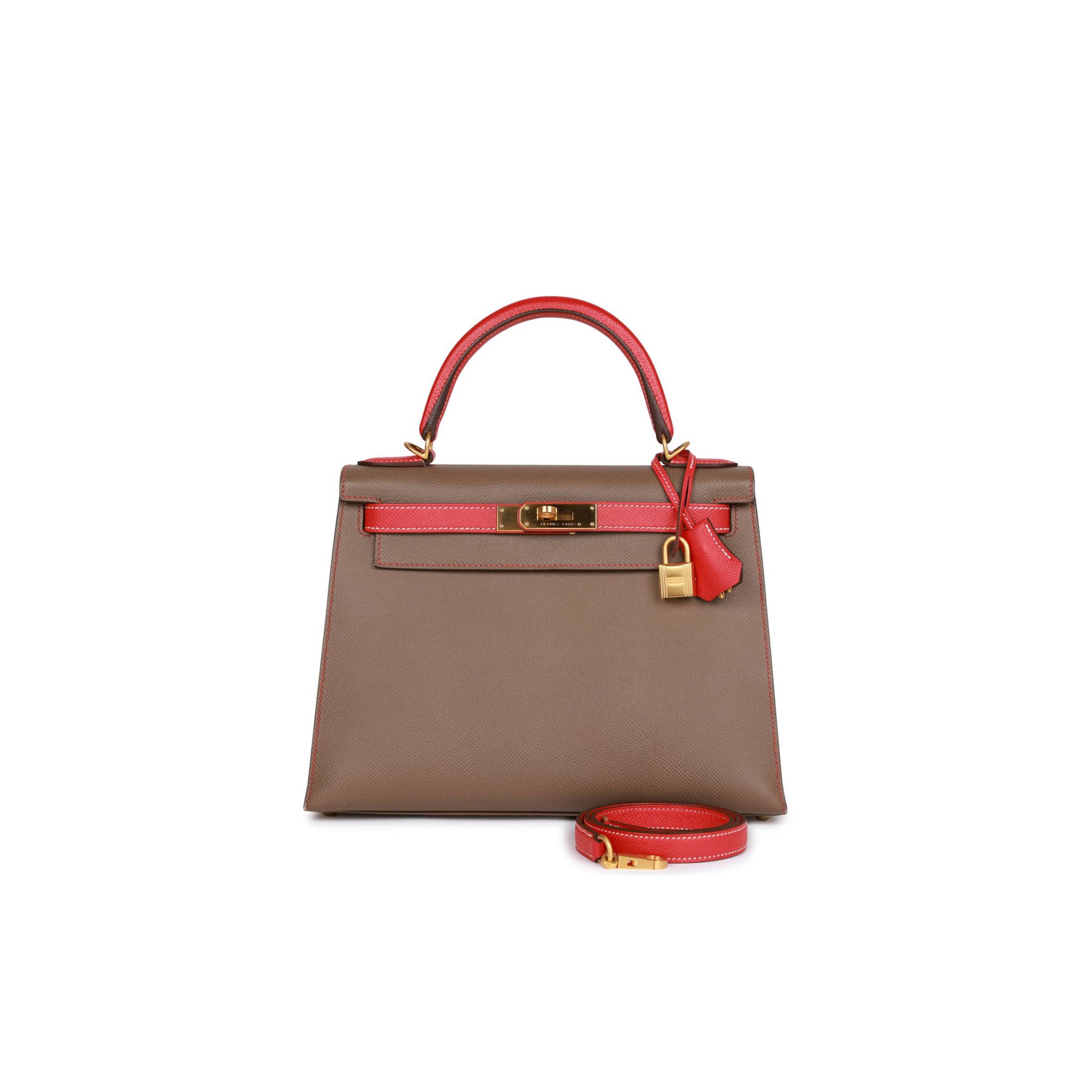 HERMES SPECIAL ORDER (HSS) KELLY SELLIER 28 ETOUPE AND ROUGE TOMATE EPSOM BRUSHED GOLD HARDWARE (28*22*10cm)