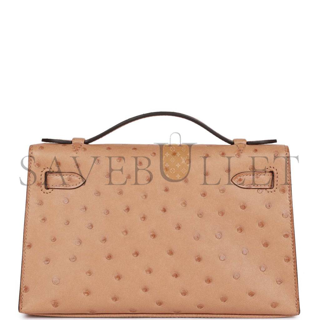 HERMES KELLY POCHETTE CHAI OSTRICH GOLD HARDWARE  (22*12*13cm)