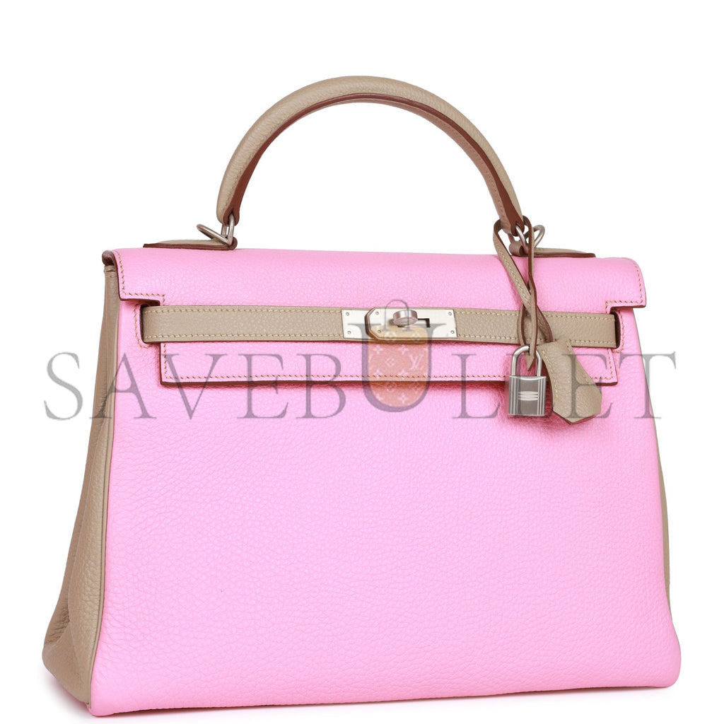 HERMES SPECIAL ORDER (HSS) KELLY RETOURNE 32 BUBBLEGUM AND GRIS TOURTERELLE CLEMENCE BRUSHED PALLADIUM HARDWARE (32*23*10.5cm) HERMES SPECIAL ORDER (HSS) KELLY RETOURNE 32 BUBBLEGUM AND GRIS TOURTERELLE CLEMENCE BRUSHED PALLADIUM HARDWARE (32*23*10.5cm)