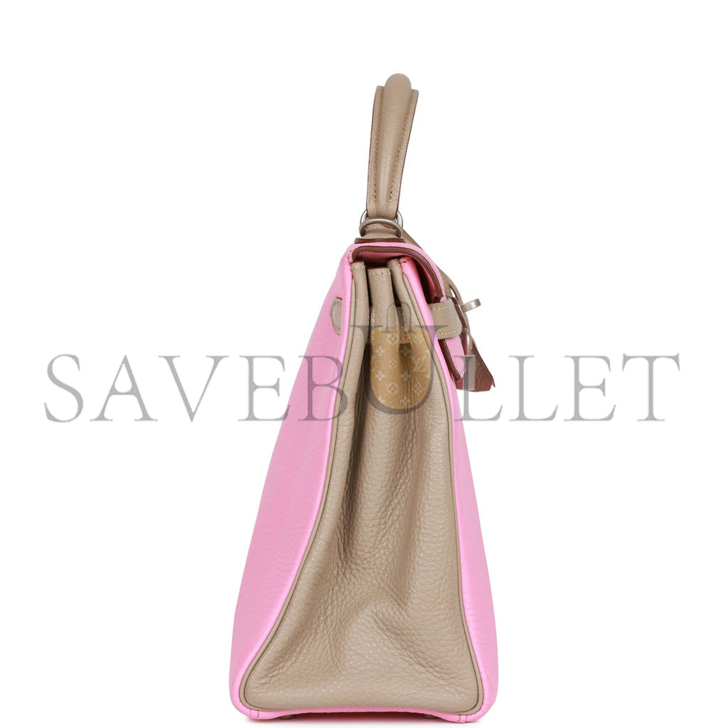HERMES SPECIAL ORDER (HSS) KELLY RETOURNE 32 BUBBLEGUM AND GRIS TOURTERELLE CLEMENCE BRUSHED PALLADIUM HARDWARE (32*23*10.5cm) HERMES SPECIAL ORDER (HSS) KELLY RETOURNE 32 BUBBLEGUM AND GRIS TOURTERELLE CLEMENCE BRUSHED PALLADIUM HARDWARE (32*23*10.5cm)