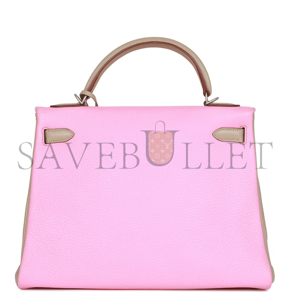 HERMES SPECIAL ORDER (HSS) KELLY RETOURNE 32 BUBBLEGUM AND GRIS TOURTERELLE CLEMENCE BRUSHED PALLADIUM HARDWARE (32*23*10.5cm) HERMES SPECIAL ORDER (HSS) KELLY RETOURNE 32 BUBBLEGUM AND GRIS TOURTERELLE CLEMENCE BRUSHED PALLADIUM HARDWARE (32*23*10.5cm)
