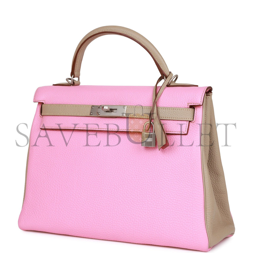 HERMES SPECIAL ORDER (HSS) KELLY RETOURNE 32 BUBBLEGUM AND GRIS TOURTERELLE CLEMENCE BRUSHED PALLADIUM HARDWARE (32*23*10.5cm) HERMES SPECIAL ORDER (HSS) KELLY RETOURNE 32 BUBBLEGUM AND GRIS TOURTERELLE CLEMENCE BRUSHED PALLADIUM HARDWARE (32*23*10.5cm)