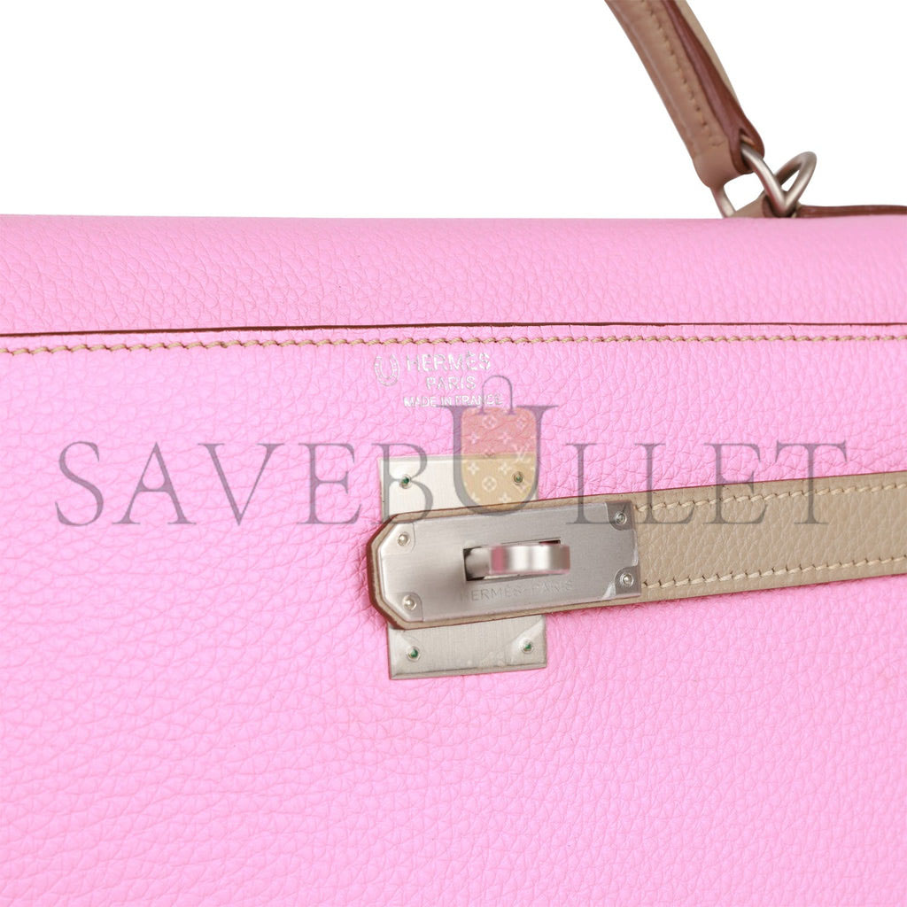 HERMES SPECIAL ORDER (HSS) KELLY RETOURNE 32 BUBBLEGUM AND GRIS TOURTERELLE CLEMENCE BRUSHED PALLADIUM HARDWARE (32*23*10.5cm) HERMES SPECIAL ORDER (HSS) KELLY RETOURNE 32 BUBBLEGUM AND GRIS TOURTERELLE CLEMENCE BRUSHED PALLADIUM HARDWARE (32*23*10.5cm)