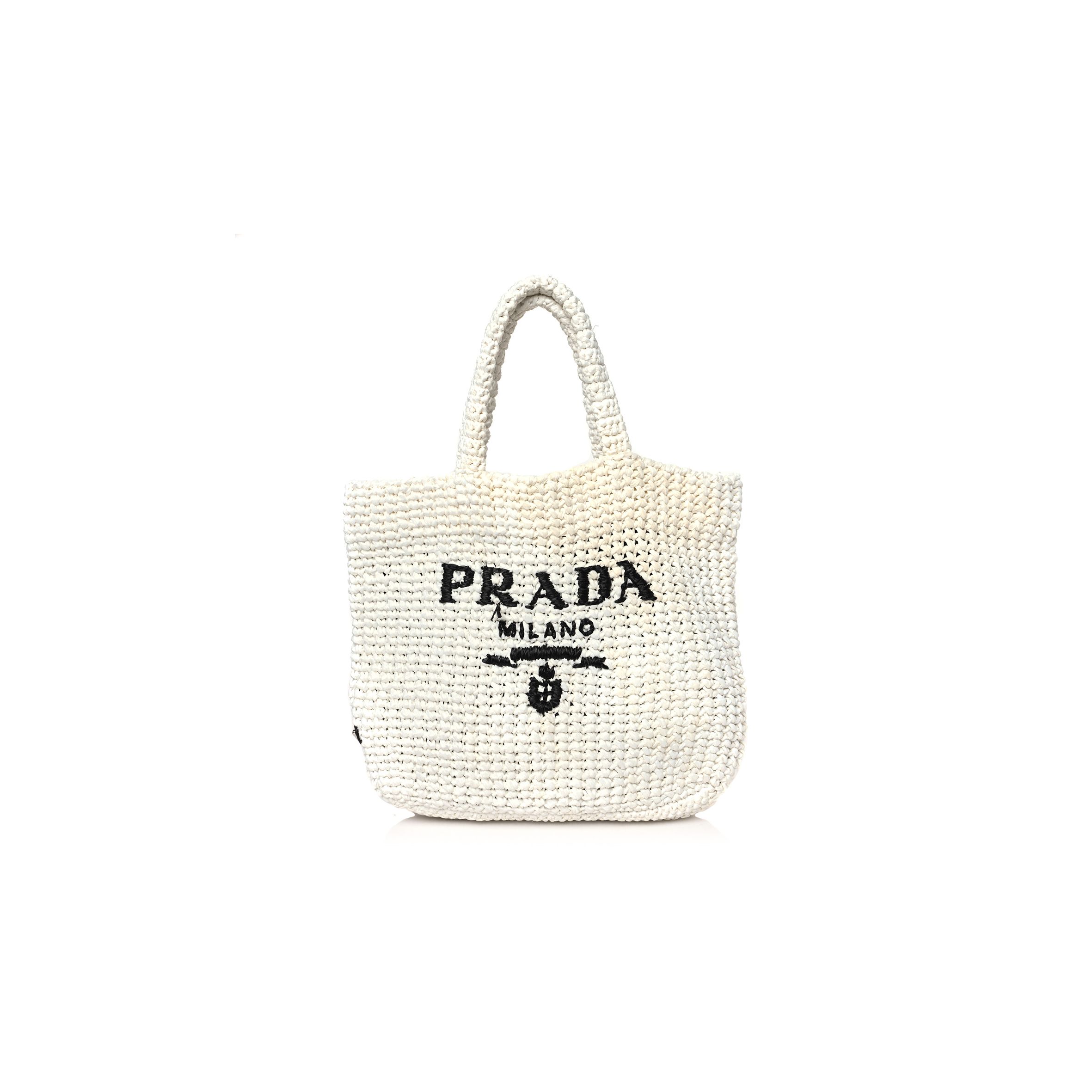 PRADA YARN RAFFIA EFFECT CROCHET EMBROIDERED SMALL LOGO TOTE WHITE (25*23*8cm)