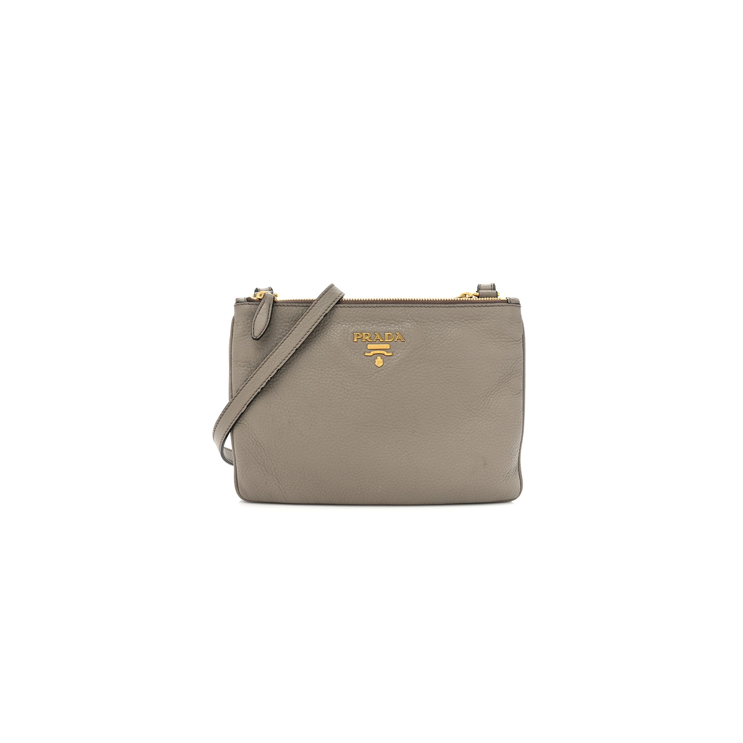 PRADA VITELLO DAINO DOUBLE ZIP CROSSBODY BAG ARGILLA (24*17*2cm)