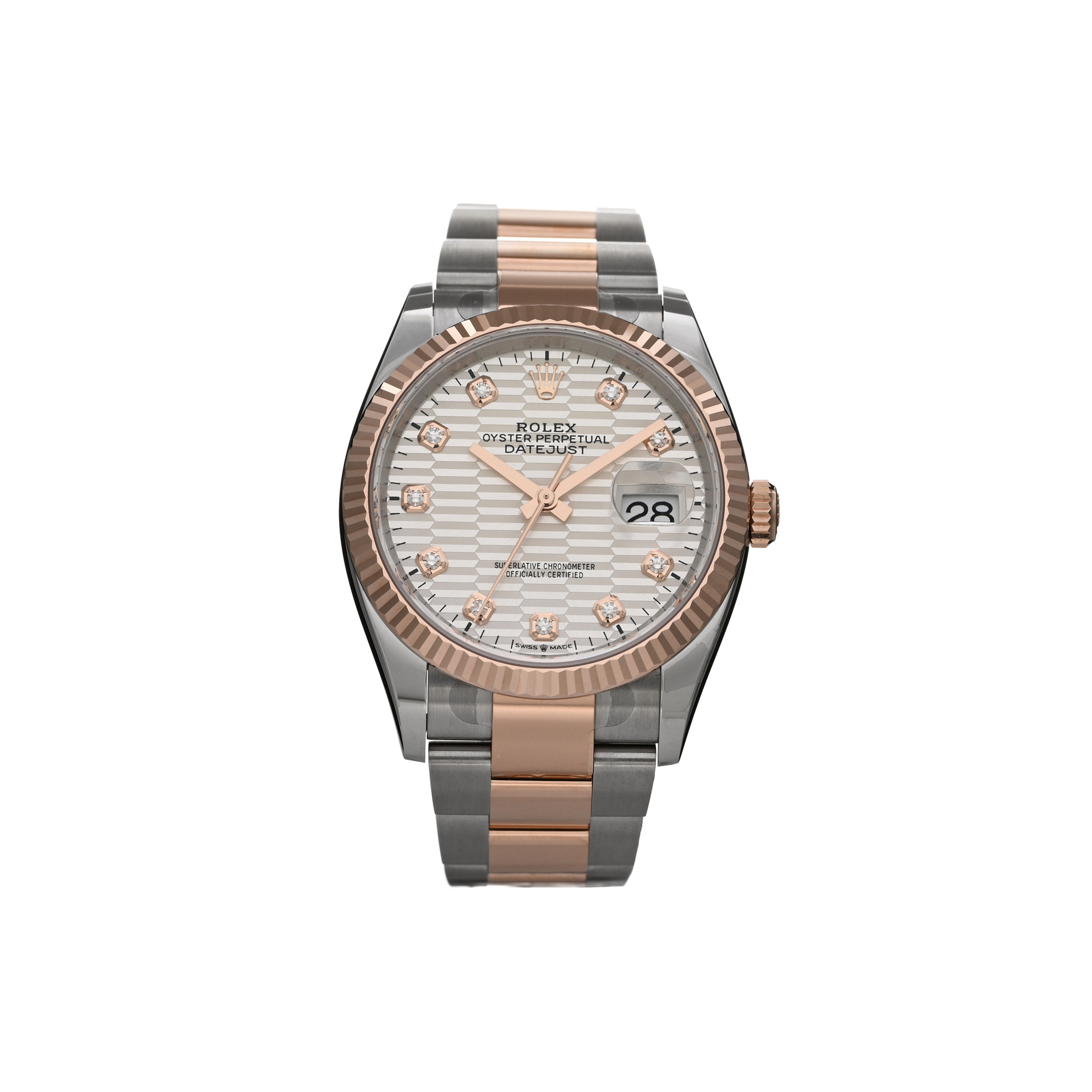 ROLEX STAINLESS STEEL 18K EVEROSE GOLD DIAMOND 36MM OYSTER PERPETUAL DATEJUST WATCH SILVER FLUTED 126231 ROLEX STAINLESS STEEL 18K EVEROSE GOLD DIAMOND 36MM OYSTER PERPETUAL DATEJUST WATCH SILVER FLUTED 126231