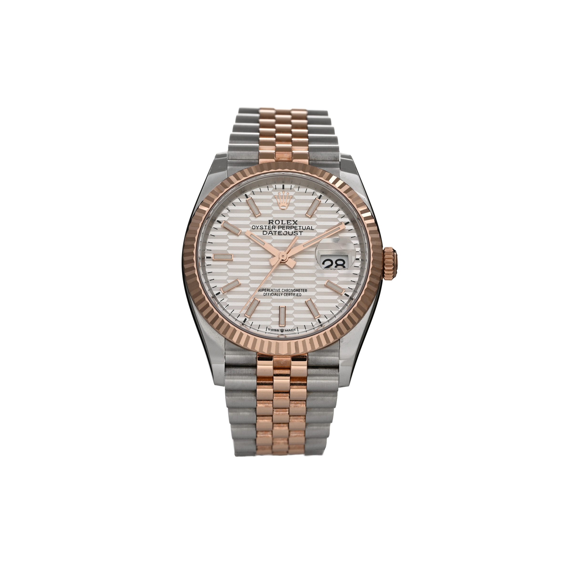ROLEX STAINLESS STEEL 18K EVEROSE GOLD 36MM OYSTER PERPETUAL DATEJUST WATCH SILVER FLUTED 126231 ROLEX STAINLESS STEEL 18K EVEROSE GOLD 36MM OYSTER PERPETUAL DATEJUST WATCH SILVER FLUTED 126231