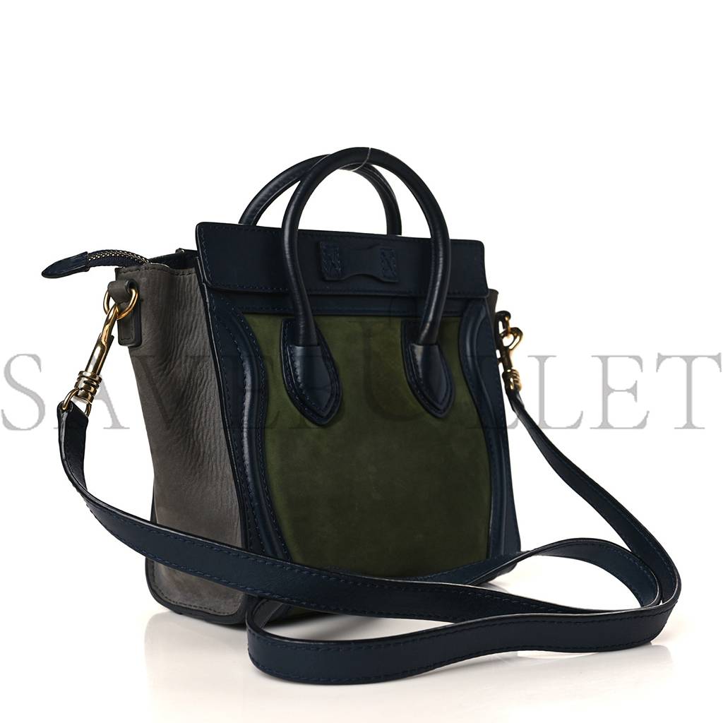 CELINE NUBUCK SMOOTH CALFSKIN NANO TRI-COLOR LUGGAGE GREEN (20*19*10cm)