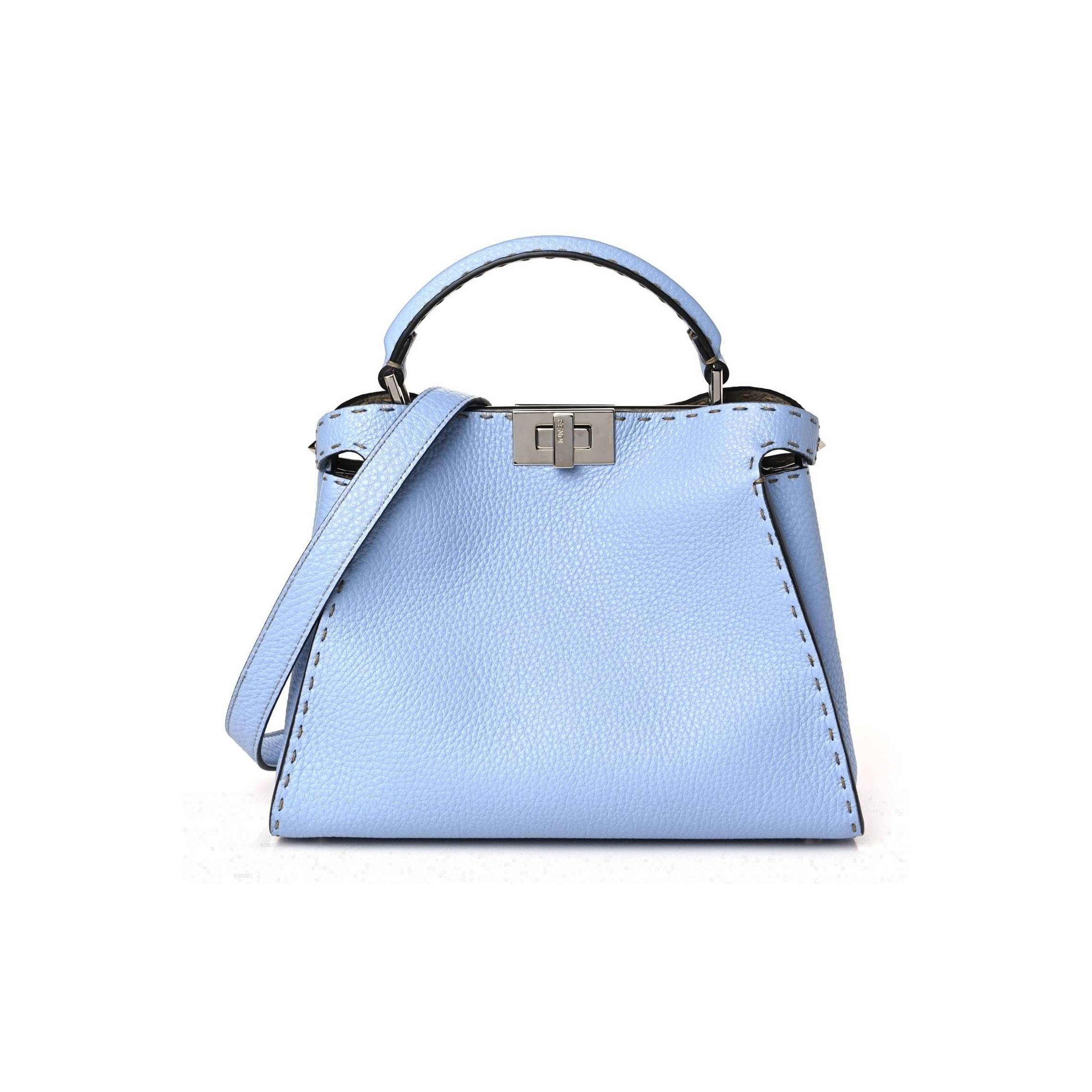 FENDI CUOIO ROMA SELLERIA CHAMOIS BI-COLOR MEDIUM PEEKABOO ICONIC ESSENTIALLY SATCHEL SKY BLUE LATTE (27*21*12cm)