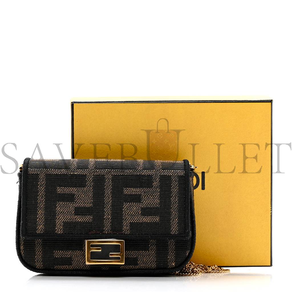 FENDI FABRIC JACQUARD FF 1974 NANO BAGUETTE CHARM TOBACCO MORO BLACK (10*6*3cm)